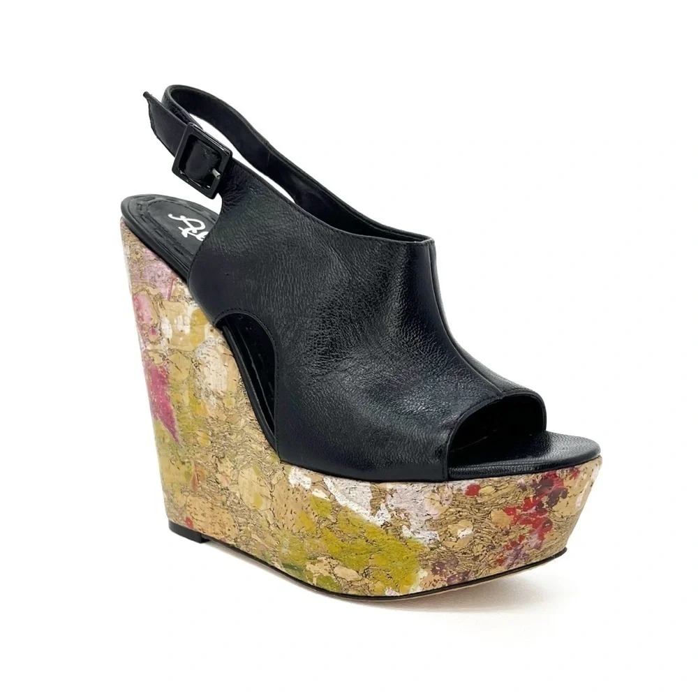 Alice + Olivia Sonia Platform Wedge Heels Black Leather Euro Size 37 = US 7 EUC